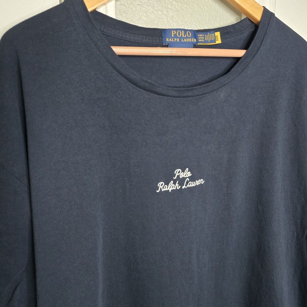 Polo Ralph Lauren Navy Shirt Logo Spellout Mens 4XLT Chain Stitch Embroidered